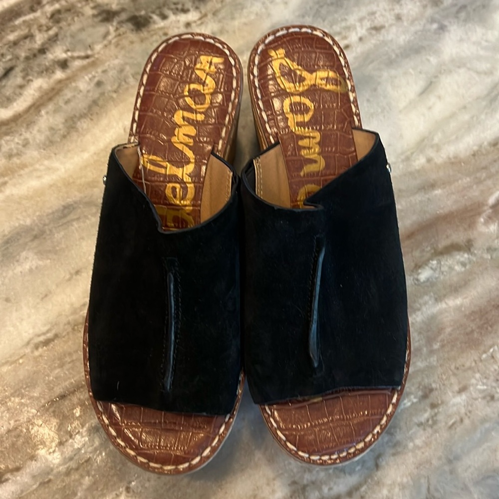Black suede, cork wedge sandals!
